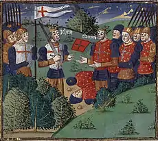 A stylised Medieval colour illustration of several men in armour, two wearing crowns, facing each other