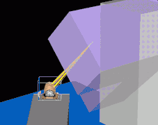 Schematic of a treatment field delivery. The patient couch has been rotated, along with the gantry so the neutron beam will enter obliquely, to give maximum sparing of normal tissue.