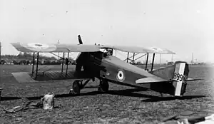 Black and white photo showing a Royal Flying Corps SPAD S.VII biplane fighter.