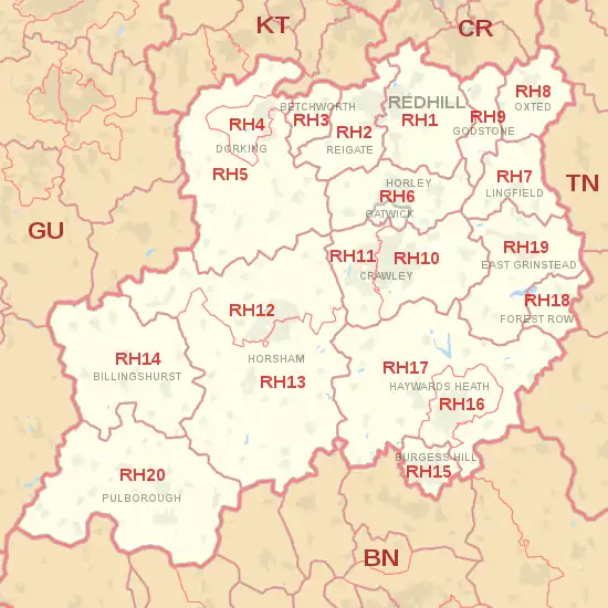 RH postcode area map, showing postcode districts, post towns and neighbouring postcode areas.