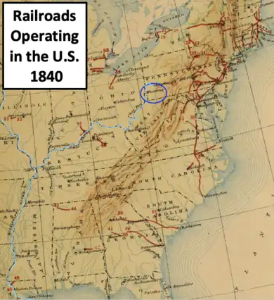 map showing railroad line in the U.S. in 1840, Wheeling's location, and highlighting the Ohio and Mississippi rivers