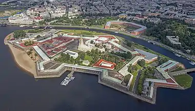 Aerial view of the Peter and Paul Fortress with Peter and Paul Cathedral, mausoleum of the Romanovs