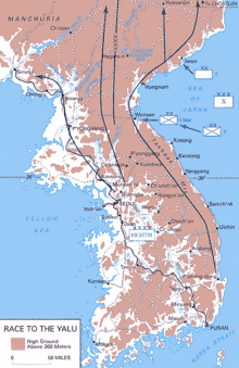 A map showing a Peninsula with US forces moving from the south to the north