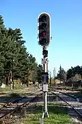 A railway colour light signal at Leianokladi Station.