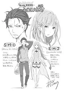 A drawing of Subaru and Emilia side by side, with close-ups of their faces positioned above them. Japanese text on either side of the image.