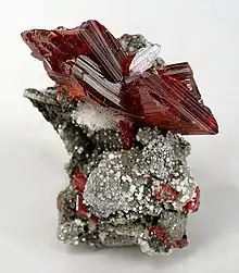 Cherry-red realgar crystals atop a matrix, and a sharp acicular spray of the rare species picropharmacolite (white needles) below