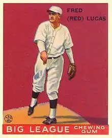 A baseball card showing an illustration of a baseball player in a white uniform with a glove on one hand