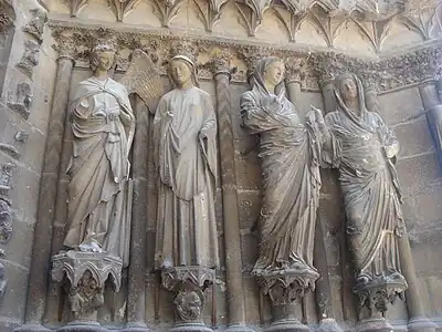 Embrasement of the north portal, including the Smiling Angel next to the Virgin Mary