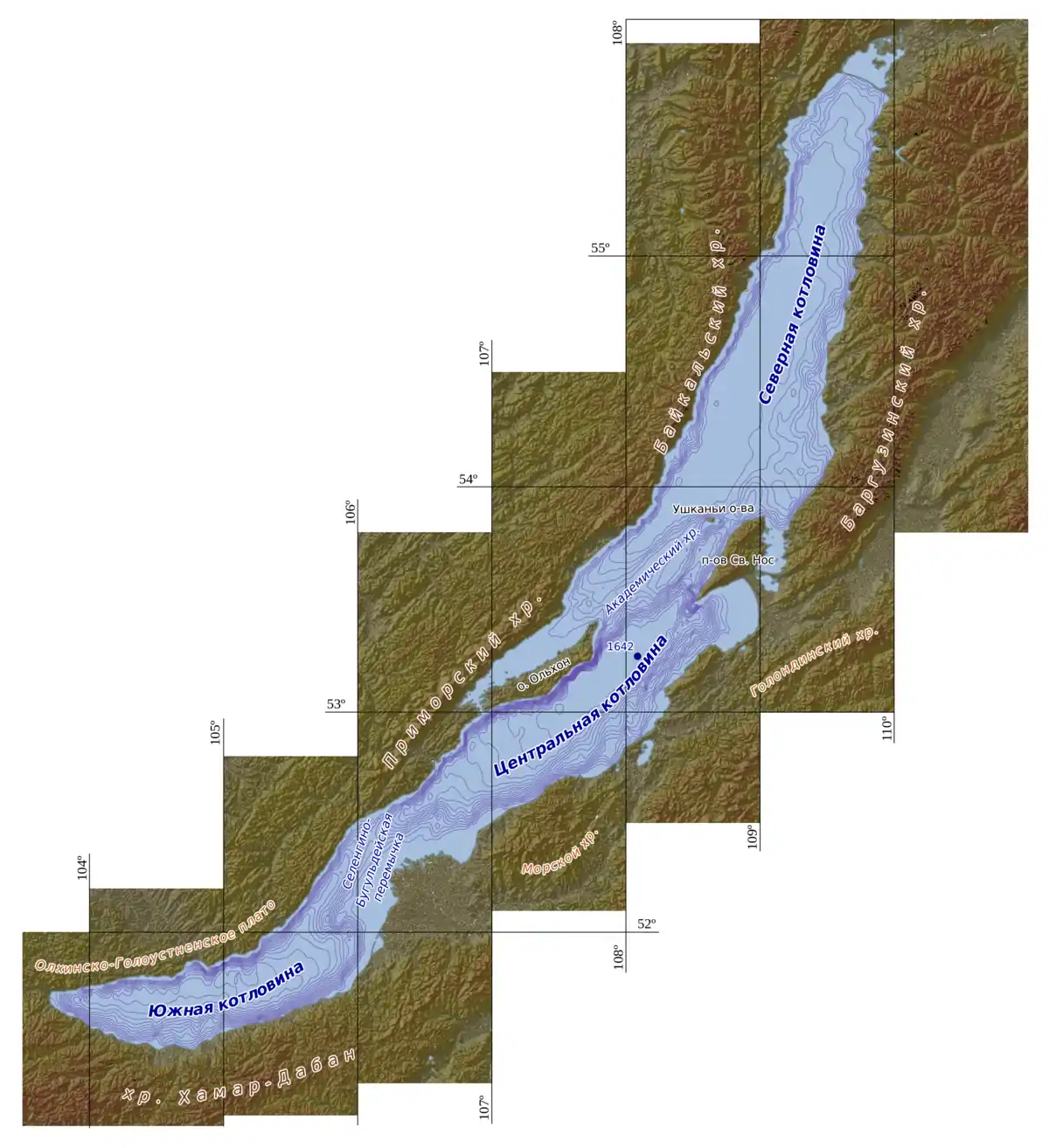 Holy Nose peninsula (right), is connected underwater by Academician Ridge to Olkhon Island to the southwest. Click to see full lake relief map.