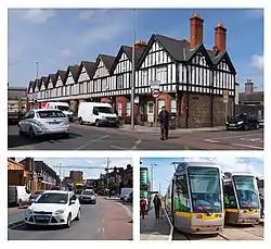 Clockwise from top: Tudor Revival terraced houses in Rialto; Rialto's Luas tram station; looking southeast from Rialto