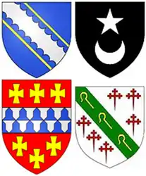 The shield in front of Richard Fortescue shows the following quartered arms: 1: Fortescue; 2: Denzil; 3: de Filleigh ; 4: de Weare (or Trewin)