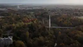 Aerial view of cable stayed road bridge over Riverside Park, Glenrothes