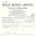 Certificate of the Rolls-Royce Limited for £23 of the Ordinary Stock, issued 8 August 1934. The stock certificate comes from the capital increase in November 1918 from £200,000 to £1,000,000.  By far the oldest known British Rolls-Royce stock certificate.