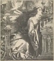 A black-and-white engraving showing a woman with a skull and a man in the background