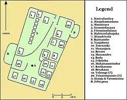 Map showing the layout of nearly twenty small structures within the compound