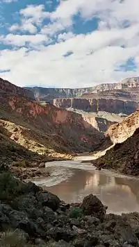 The location of the start of the west Tonto Trail and the end of the Royal Arch Route along the Colorado River.