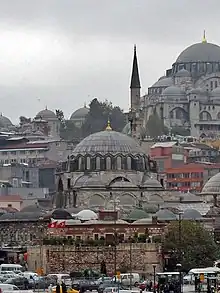 The Rüstem Pasha Mosque (center), overlooked by the Süleymaniye Mosque (upper right) dedicated to Suleiman the Magnificent.