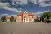 The Lewin Brzeski Town Hall seen west from the Market Square, surrounded by the Planty.