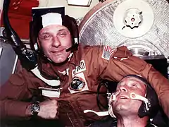 NASA Astronaut Tom Stafford wearing "Snoopy" cap with Plantronics (SPENCOM) headset in 1975 (Apollo-Soyuz Mission)