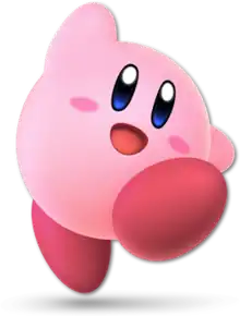 Artwork depicting Kirby, a pink, spherical character with red feet