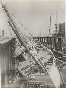 Close up of Columbia's bow following the 1906 earthquake.