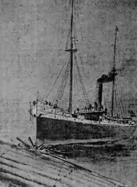 An illustration of the Columbia colliding with a log raft on the Columbia River on February 1, 1906.