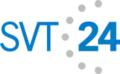 SVT24's first logo from 1999 to 2001, there is the word SVT in blue text and to the right of it there are seven gray dots and on the right of them is the number 24 in blue and bolder text.