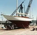 The Spaulding designed and built Chrysopyle on the Spaulding Boatworks dock