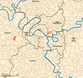 Location (in red) within Paris inner and outer suburbs