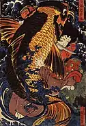 Utagawa Kuniyoshi's Saito Oniwakamaru fights a giant carp at the Bishimon waterfall, 19th century