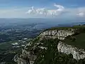 Aerial view on the Salève and Geneva, its Jet d'Eau, Lake Geneva and the Jura mountains in the background