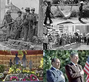 Clockwise from top right: two Salvadorans carrying the body of a casualty of war in 1982, a protest in Chicago against the civil war in 1989, Salvadoran President José Napoleón Duarte and United States President Ronald Reagan in 1987, a memorial to the El Mozote massacre of 1981, guerrilla fighers in Perquín in 1990.