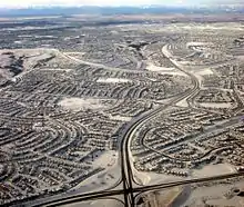 Aerial view of MacEwan Glen and Sandstone Valley in winter