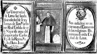 Oil painting commemorating the foundation of the University of Lima (later named San Marcos), officially the first university in Peru and the Americas, and its manager Friar Tomas of San Martin