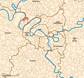 Location (in red) within Paris inner and outer suburbs