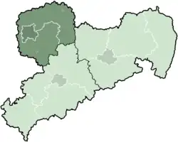 Map of Saxony highlighting the former Direktionsbezirk of Leipzig