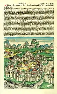 Page depicting Constantinople from Nuremberg Chronicle 1491; image is a woodcut from Wolgemut's workshop with added hand-colouring