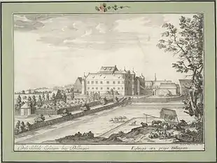 Engraving of a large 3-story building and associated structures. It is surrounded by a fenced garden, pasture and a wall.