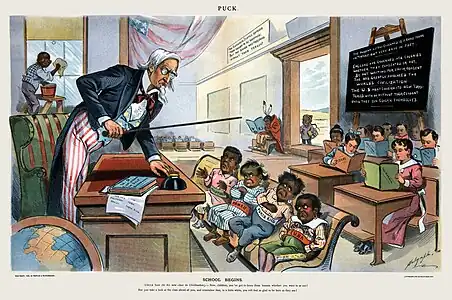 Image 71899 cartoon showing Uncle Sam lecturing four children labeled Philippines, Hawaii, Puerto Rico, and Cuba. The caption reads: "School Begins. Uncle Sam (to his new class in Civilization)!" (from Political cartoon)