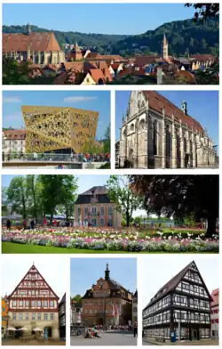 Clockwise from top: Skyline from Zeiselberg, Heilig Kreuz Münster, Rokokoschlößle, Kornhaus, city hall, Grät, Forum Gold und Silber