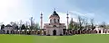 The courtyard of the mosque with the main entrance and corner buildings in the Schwetzingen palace garden