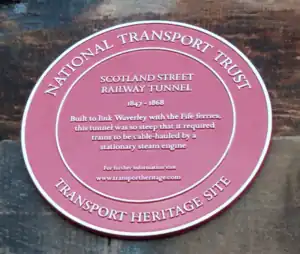 A plaque marking the north end of the Scotland Street Tunnel.