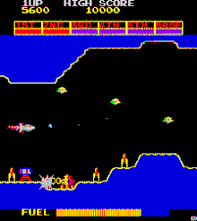 A screen shot of Scramble, in which a spaceship controlled by the player is shooting at incoming enemies to the right. At the top of the screen are the current score and high score. Below the highscore is a bar depicting progress through the game. At the bottom is a status bar displaying fuel capacity.