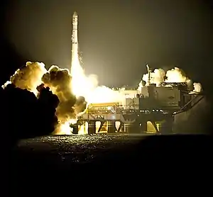 A launch of Zenit 3SL rocket from the Sea Launch platform Ocean Odyssey, originally built in Japan as oil platform, and then modified by Norway and Russia for space launches.