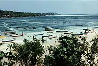 Photo of near-shore ocean, divided into rectangles, most containing a yards-long, narrow boat