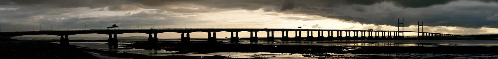 Image 14Second Severn CrossingPhoto credit: YFBA view of the Second Severn Crossing, as seen from Severn Beach, England. This bridge carries the M4 motorway across the River Severn between Severn Beach and Caldicot in south Wales. It has a total span of 5.1 km and includes a cable-stayed section called the Shoots Bridge which spans the shipping channel between the two towers. The River Severn has a vast tidal range—the point from which this photograph was taken is covered at high tide.More featured pictures