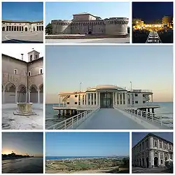 Top left: Annonario Square; top centre: Rocca Roveresca Fortress; top right: night view of Piazzale della Libertà waterfront area; middle left: Chiostro delle Grazie; middle right: Rotonda a Mare; bottom left: view of the sunset in Spiaggia Velluto Beach; bottom centre: view of the town from Scapezzano Hill; bottom right: Portici Ercolani