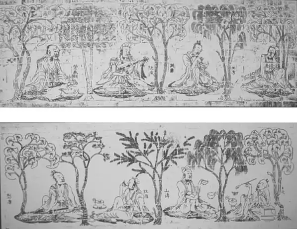 Seven Sages of the Bamboo Grove wearing bao yi bo dai, from rubbing of Eastern Jin molded tomb bricks