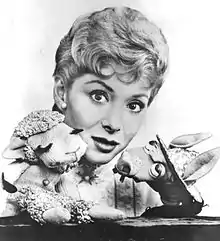 Publicity photo of Shari Lewis and her puppets Lamb Chop and Charlie Horse from The Ford Show, 7 April 1960.