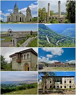 Landmarks of Shusha, from top left:Ghazanchetsots Cathedral • Yukhari Govhar Agha MosqueShusha fortress • Shusha mountainsHouse of Mehmandarovs • City centerShusha skyline • House of Khurshidbanu Natavan